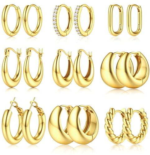 JeweBella 9 Paires Boucles d'Oreilles Créoles Or Femme 18K Plaqué Or Hypoallergénique Boucles d'Oreilles Créoles Epaisses Boucles d'Oreilles Rondes Ouvertes Ensemble de Créoles