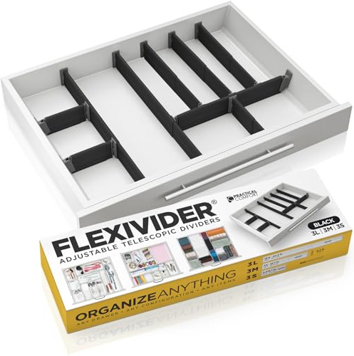PRACTICAL COMFORT Verstellbarer Schubladen-Organizer – FLEXIVIDER Teleskop-Aluminium-Schubladenteiler (Set aus 3 Lang, 3 Mittel, 3 Kurz, Schwarz) für anpassbare Aufbewahrung