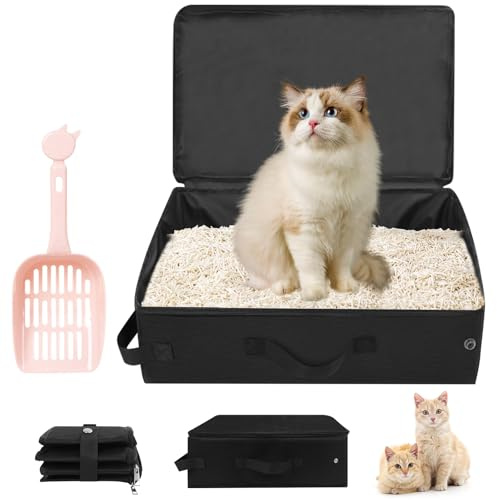 Litière pour chat de voyage avec couvercle : litière portable pliable, imperméable, respirante, de voyage avec pelle à chat, boîte à chat, pour voiture, voyage, camping (40 x 30 x 15 cm