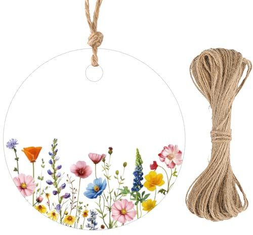 G2PLUS 50PCS Etichette Regalo Floreali Rotonde: 5.5CM Etichette Matrimonio con Spago per Regali di Matrimonio, Feste, Compleanni, Confezioni Regalo, Fai-da-te