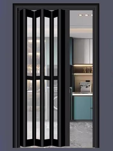 SAFWELAU Scheunentür Falttüre Mattierte, durchsichtige, Faltbare Schiebetüren für Zimmer Badezimmer Schlafzimmer, Magnetisches Trenntor, 60 75 80 90 105 120 150 cm breit(Black,WxH 66x80in(166x203cm))