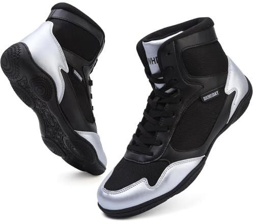 Boxing Shoes Wrestling Boots Boxing Shoes Men Weightlifting Powerlifting Martial Arts Kickboxing Boots Bodybuilding Shoe for Men Women Combat Sports Footwear Lightweight Gym Black Silver