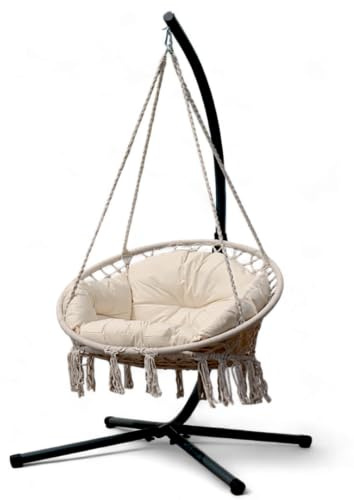 ALEOS. Stoff Hängesessel 100cm Ø mit Metall Gestell Sunny komplett inkl. Ketten und Karabiner - Metallgestell mit Hängestuhl - Hängesitz mit Ständer Outdoor Indoor - klappbarer Hängesessel