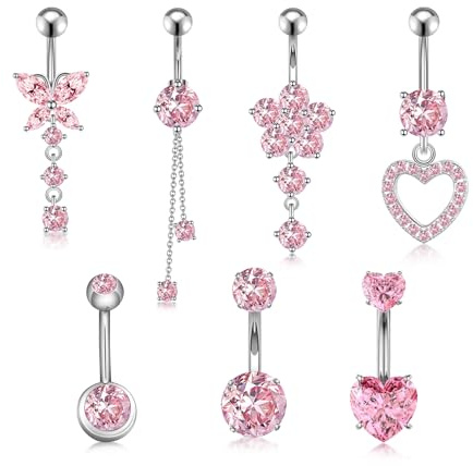 SGQTZDZQ 7 Pcs Titanium Belly Bars, Dangly Belly Button Bars Titanium, Stainless Steel Belly Bar Ring Piercing Jewelry for Women Girls (Pink)