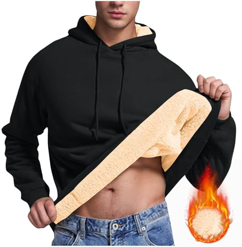 WUSENTOF Fleece Hoodie Men Sherpa Lined Sweatshirts Winter Warm Jumpers with Pockets Solid Color Fluffy Hooded Pullover Comfy Soft Sweater Drawstring Hoody Long Sleeve Tops Outerwear Work Wear