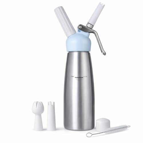 KITZA Whipped Cream Dispenser, 500ML Aluminum Cream Whipper with 3 Decorating Nozzles and Cleaning Brush