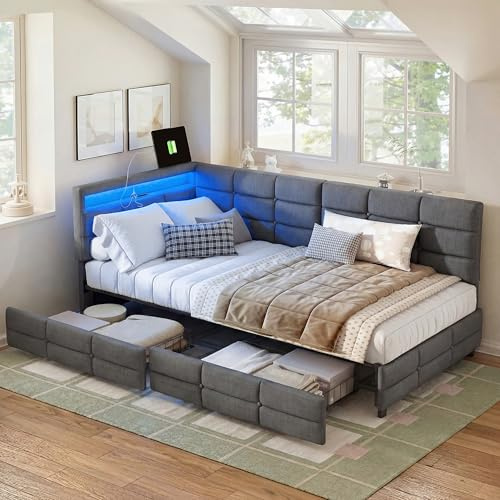 Divano letto imbottito 90 x 200 cm, letto singolo con 2 cassetti, letto funzionale con illuminazione a LED e stazione di ricarica USB, letto per ragazzi, letto per gli ospiti con rete a doghe (grigio