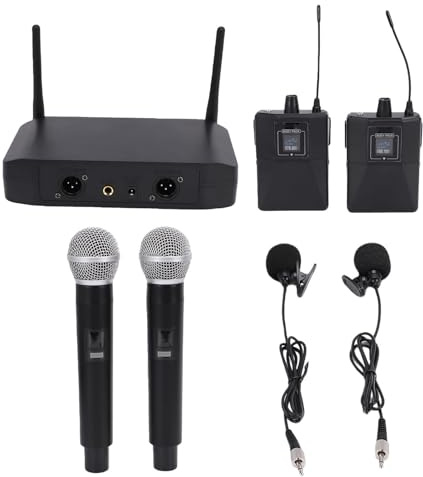 Denash Microfonico Wireless, Microfono Portatile Senza Fili UHF con Microfoni da Bavero e Ricevitore, per Conferenze di Canto Karaoke in Streaming Live (Spina europea)