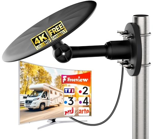 Antenne TV Extérieure TNT HD avec Amplificateur, Râteau DVB-T2 Longue Portée à Réception 360°, Signal Numérique Stable 4K UHD, Résistante aux Intempéries, Compatible Smart TV
