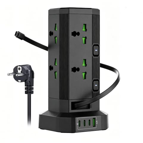 Torngrenuttag med USB, universell nätadapter med strömbrytare | Grenuttag med 8 uttag med infällbar kabel typ C, överspänningsskydd multikontakt för resor och hem, svart