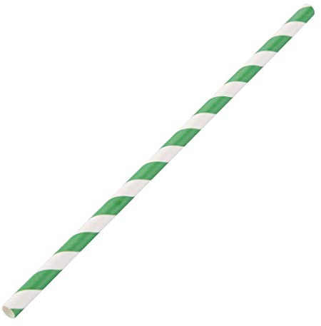 Fiesta 3-Ply Compostable Paper Straws, Green Stripes, Pack of 250 | Commercial suitability ensures cold drinks stay crisp, offering eco-friendly catering options for venues.
