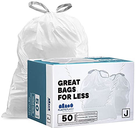 Plasticplace Custom Fit Trash Bags, Compatible with simplehuman Code J (50 Count), White Drawstring Garbage Liners 10-10.5 Gallon / 38-40 Liter, 21 x 28