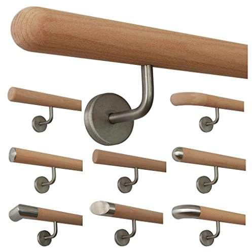 TIBU Holz Handlauf Buche unbehandelt Geländer Wandhandlauf Wand Treppe 30-500cm, Länge 900mm mit 2 Halter - Enden Halbkugel gefräst