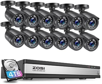 ZOSI 16CH CCTV Camera System, 12Pcs 2MP Outdoor Wired Security Camera, 4TB | Home Surveillance DVR and Weatherproof Outdoor Indoor 1920TVL Wired CCTV Cameras, 80ft IR Night Vision, Human Vehicle Detect