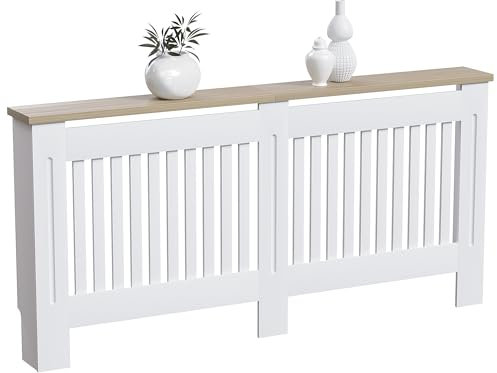 Vida Designs Arlington Heizkörperabdeckung, modern, weiß lackiert, MDF-Schrank, Lamellen, Rillen, oberes Regal aus Holz, extra groß