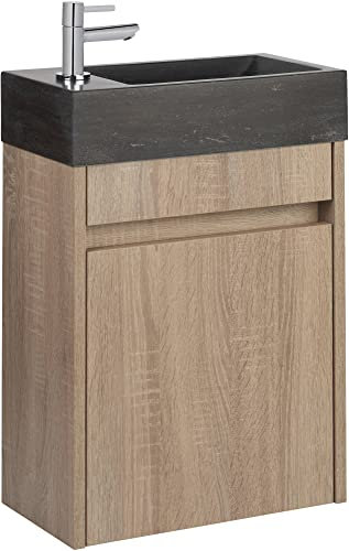Saqu Florence Gäste WC Waschbecken mit Unterschrank Vormontiert - in Bardolino-Eiche mit Naturstein-Waschbecken und chromer Armatur Links - Kleines Gäste WC Bad Möbel mit Waschtisch