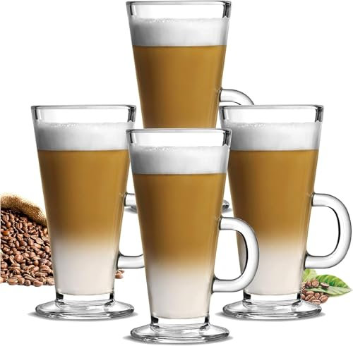 Latte Glasses Tea & Coffee Cups Pack of 4-270ml Temperature Resistant Hot Drink Cafe Mugs with Handle Ideal for Milk Juice Ice Cream Latte, Cappuccino, Espresso and Hot Chocolate