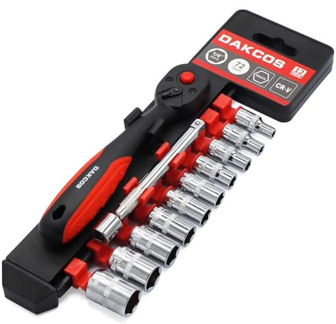 DAKCOS Umschaltknarre 1/4 Knarre Rotary Ratsche Antrieb mit 72 Zähnen, Steckschlüsselset (4-13mm) mit Verlängerungsstange (100mm)