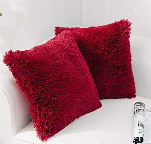 RAILONCH 2Pcs Kissenbezüge Künstlich Langhaar Zierkissen Kissenbezug Kunstfell Flauschig Deko Kisse Sofakissen Zierkissenbezüge für Sofa Büro (Rot)