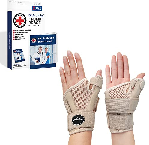 Dr. Artrit designad av läkare handledbandage tummen vänster/höger handledsstöd med tumskena stabiliserande handledsbandage med tumortos, 2-pack, beige