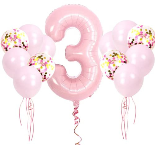 DIWULI Födelsedagsdekoration 3 år Ballongset Rosa - 3:e födelsedagsdekoration, Ballong 3 Födelsedag nummer 3 Nummer Ballong Folieballong Latexballongkonfetti Barnfödelsedagsflickor Festdekoration