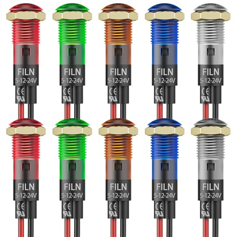 FILN 10PCS Small 12V LED Indicator Light, 8mm (5/16) IP67 Waterproof Low Power Pilot Lights Panel Mount for Car, Truck, Boat, Marine, Dash(5v-24v, Red/Green/Yellow/Blue/White Each 2PCS)