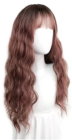 RUVOO Perruque Perruques Perruque Rose Pâle avec Frange Perruques Longues Ondulées Perruques De Cheveux Bouclés Synthétiques Perruque De 24 Pouces pour Les Femmes pour Une Utilisation Quotidienne