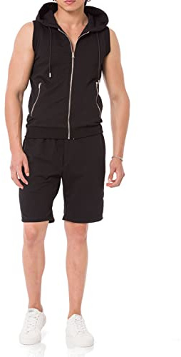 Redbridge Herren Kapuzen-Shirt und Shorts Jogginganzug Kurze Hose Set Weste Basic Schwarz XXL