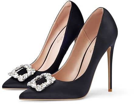 Elisabet Tang Women's High Heels,4.72 Inch Satin Glitter Rhinestone Stiletto Pumps for Women Sexy Closed Pointed Toe Heels Elegant Versatile Wedding Bridal Party Dress Shoes Black Size 8