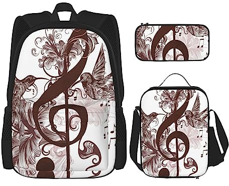 OPSREY Rucksack mit Musik-Symbol-Druck, große Kapazität, Reise-Daypack mit Lunch-Tasche und Federmäppchen, 3-in-1, für Damen und Herren, schwarz, Einheitsgröße, Tagesrucksäcke, Schwarz , One size