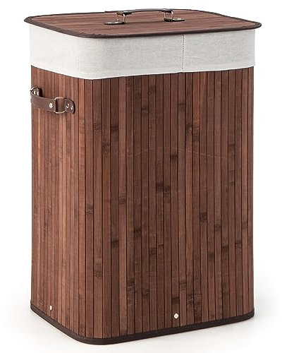 COSTWAY Bamboo Laundry Basket, 72L Collapsible Laundry Hamper with Lid, Handles & Removable Washable Liner Bag, Foldable Dirty Clothes Storage Bin Washing Basket Organiser for Bathroom (Brown)