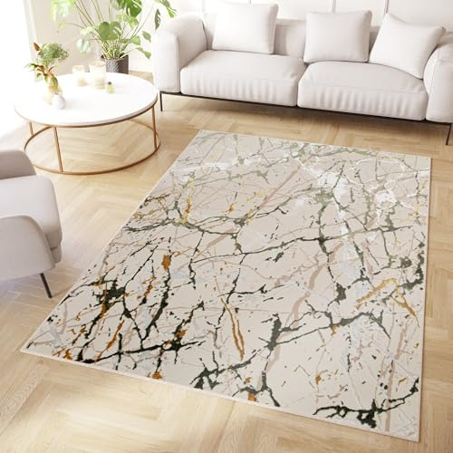 TAPISO Crystal Teppich Kurzflor Glänzend Hellgrün Gold 300 x 400 cm | Marmor Verwischt 3D Effekt Wohnzimmer Schlafzimmer Modern Design OEKO-TEX