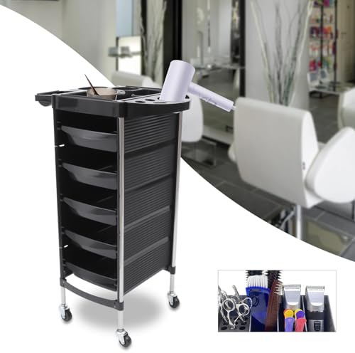 KEESUNG Friseurwagen mit 5 Schubladen und Rollen, Profi Kosmetikwagen Friseurwagen Beauty Salon Trolley Wagen Beautywagen Salonhilfe Friseur Multifunktional Bedienungswagen, Schwarz