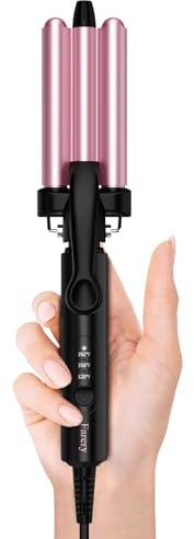 Farery Mini 3 Barrel Hair Waver - Portable Beach Wave Curling Iron for Short Hair, 1/2 Inch Ceramic Crimper with 3 Temp Settings & 30s Fast Heating, Dual Voltage Travel Hair Waver for Women, Pink