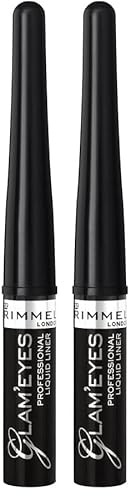 Rimmel London Eyeliner Liquido Glameyes, Lunga Durata, Finish Opaco e Tratto Sottile, 001 Nero/Black Glamour, 3.5 ml (Confezione da 2)