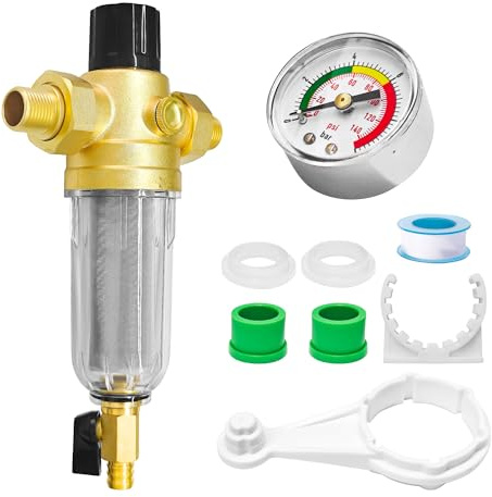 Druckminderer 1 mit Manometer & Filter, Messing, einstellbar | 1 Zoll & 3/4 Zoll kompatibel einsetzbar Eingebauter Siebfilter Zuverlässiger Wasserdruckregler für Heim & Garten
