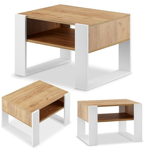 defiPad Mesa de centro moderna, roble, 65 cm de ancho, mesa de café maciza y estable, mesa de sofá, color blanco + roble