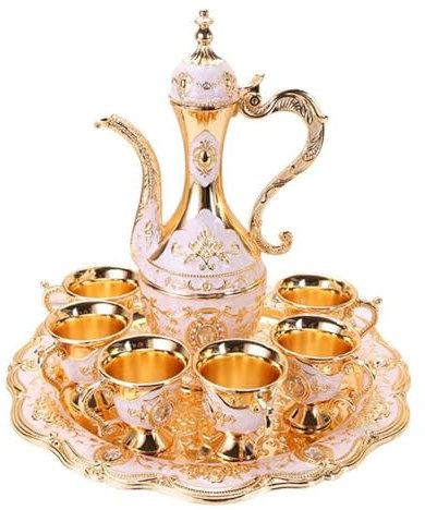 EdirFtra Ensemble de thé Turc avec 6 Tasses à café, Carafe et Verres à vin dorés, Ensemble de Tasse à café en cuivre Turc pour thé à la Maison