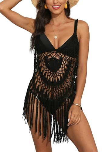 SWOAMER Damen Fransen Boho Strandkleid Sommer Bikini Cover Up Sexy Strick Häkel Kleider Ärmellos Mini Trägerkleid Schwarz Einheitsgröße
