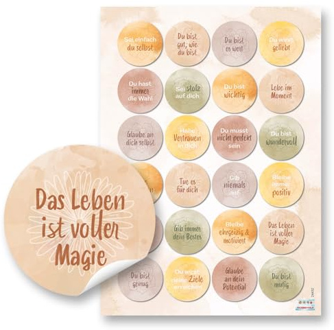 Logbuch-Verlah 48 talesätt klistermärken med inspirerande budskap motivation klistermärken presentklistermärken orange brun grön Ø 4 cm