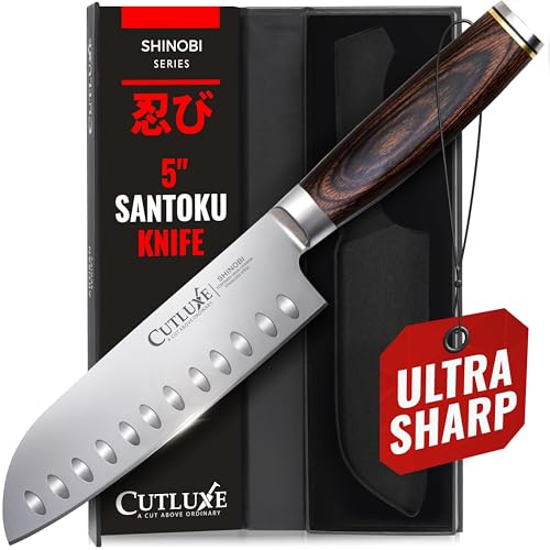 Santoku Knife – Ultra Sharp 5 Inch Meat and Vegetable Japanese Knife for Chopping, High Carbon Stainless Steel Blade, Full Tang Pakkawood Handle – Shinobi Series