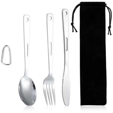 VONJUMA 3 Pcs Cubiertos Para Llevar Juego De Cubiertos Acero Inoxidable Con Cuchillos Cuchara Tenedores Bolsa De Almacenamiento Ganchos Cubiertos Camping Juego De Cubiertos Para Acampar