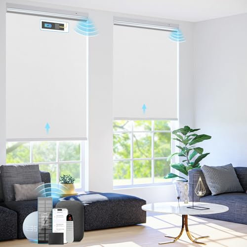 Motorized Roller Blinds with Remote Control【Solar Panel Included】 100% Blackout Smart Blinds Automatic Blinds for Windows Cordless Electric Shades Compatible with Alexa White,33 W*72 H
