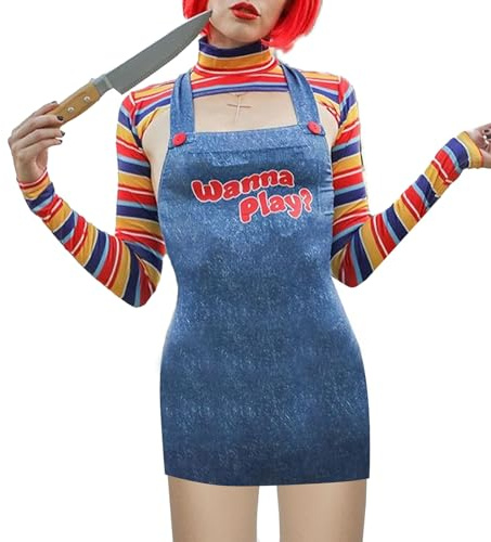 Edhomenn Kvinnor 2 st halloween kostymer skrämmande mardröm dödare docka chucky docka filmkaraktär bodysuit set, 03 blå, L