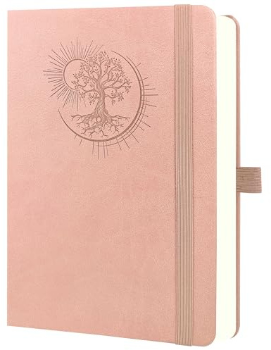 Mlife A5 Notebook med Tree of Life Design – 360 sidor, 100 g papper, PU-omslag, resårband, pennhållare, 3 bokmärken – Perfekt för arbete, studier och present (rosa)
