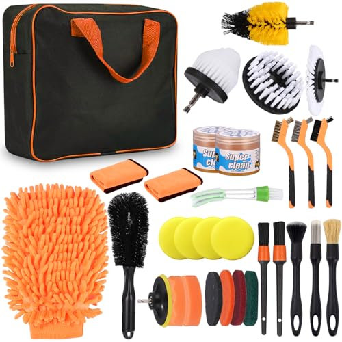 Zaxiva Kit Nettoyage Voiture, 31PCS Brosse Nettoyage Voiture Kit pour intérieur et extérieur, Kit de Détail de Voiture avec Pinceau Detailing Auto, Brosse Perceuse, Brosse de Jante, Sac de Transport