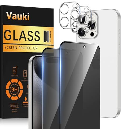 Vauki Opaca Pellicola Privacy per iPhone 15 Pro Max con Protezione Fotocamera,Anti Spy Vetro Temperato Opaco Durezza 9H HD Anti-riflesso Anti-impronta Anti-Spia Vetrino Protettiva Schermo,2 + 2 Pezzi