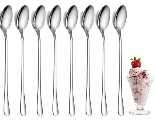 Lot de 8 cuillères à café à long manche de 19 cm pour café glacé, thé glacé, lait, crème glacée, sundeas