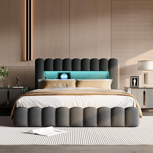 Aneutr Bubble Bett 180x200, Polsterbett mit Bettkasten, Doppelbett mit LED und USB Ladefunktion Kopfteil, Boxspringbett mit Hydraulisch Stauraum und Lattenrost, Leinen(Dunkelgrau, 180x200)