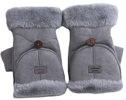 QUXVUIS Gemütlich für Damen, 2 Paar Winterhandschuhe, farbenwarm, mit Fäustlingen, Damenhandschuhe, Trendige Paare, pelzig, für kaltes Wetter, Grau